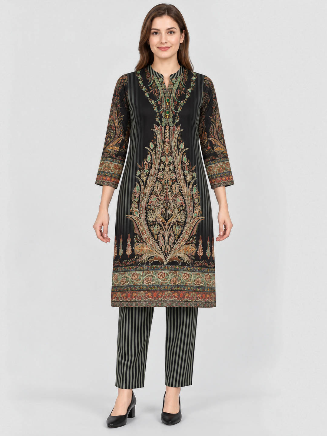 Women Green Designer Round Neck Full Sleeve Kurtis Set for Winter