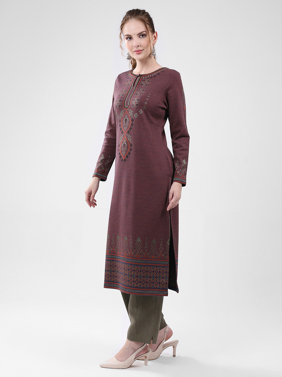 Women Maroon Self Design Round Neck Full Sleeve Winter Kurti