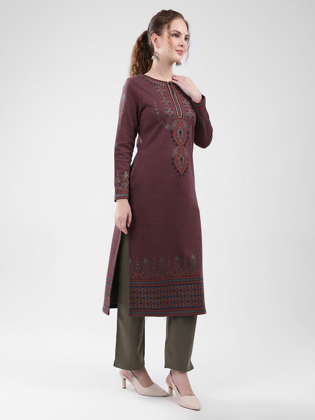 Women Maroon Self Design Round Neck Full Sleeve Winter Kurti
