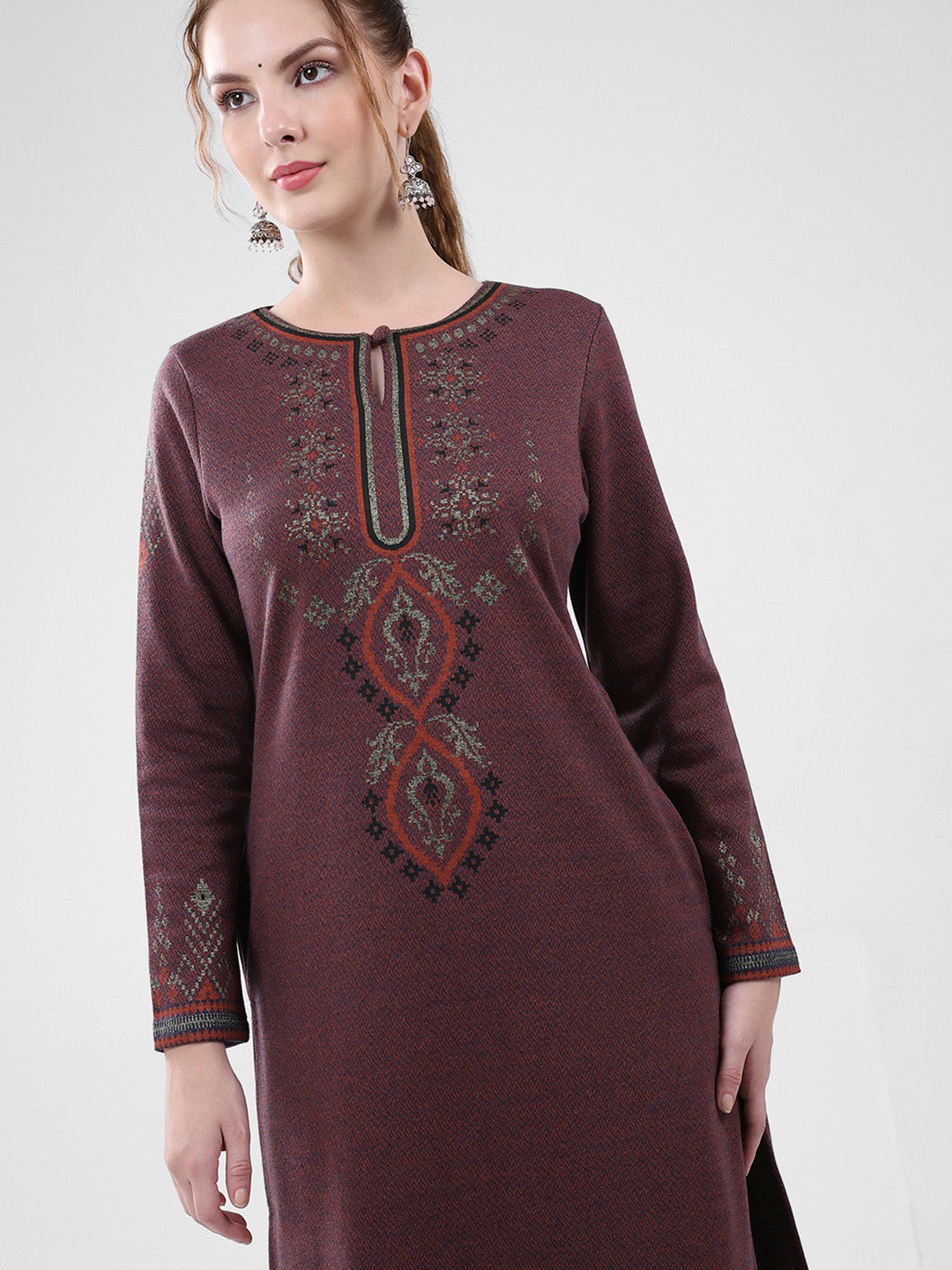 Women Maroon Self Design Round Neck Full Sleeve Winter Kurti
