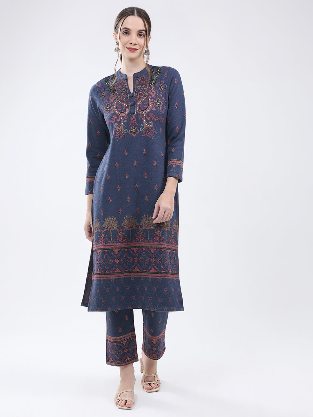 Women Navy Blue Self Design Band Neck Full Sleeve Kurti Set for Winter