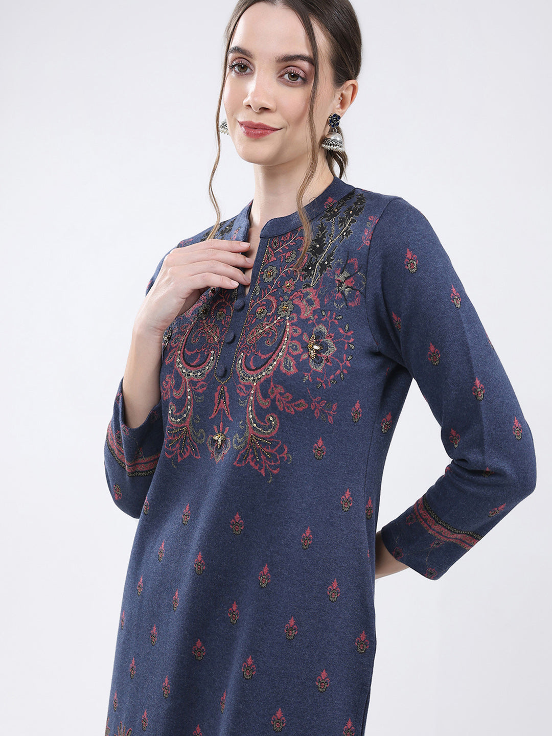 Women Navy Blue Self Design Band Neck Full Sleeve Kurti Set for Winter