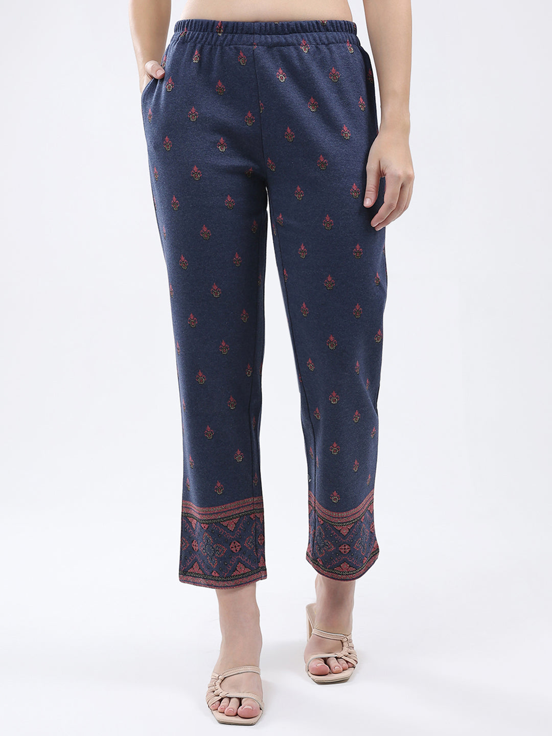 Women Navy Blue Self Design Band Neck Full Sleeve Kurti Set for Winter