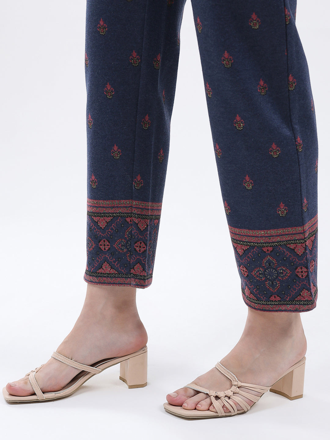 Women Navy Blue Self Design Band Neck Full Sleeve Kurti Set for Winter