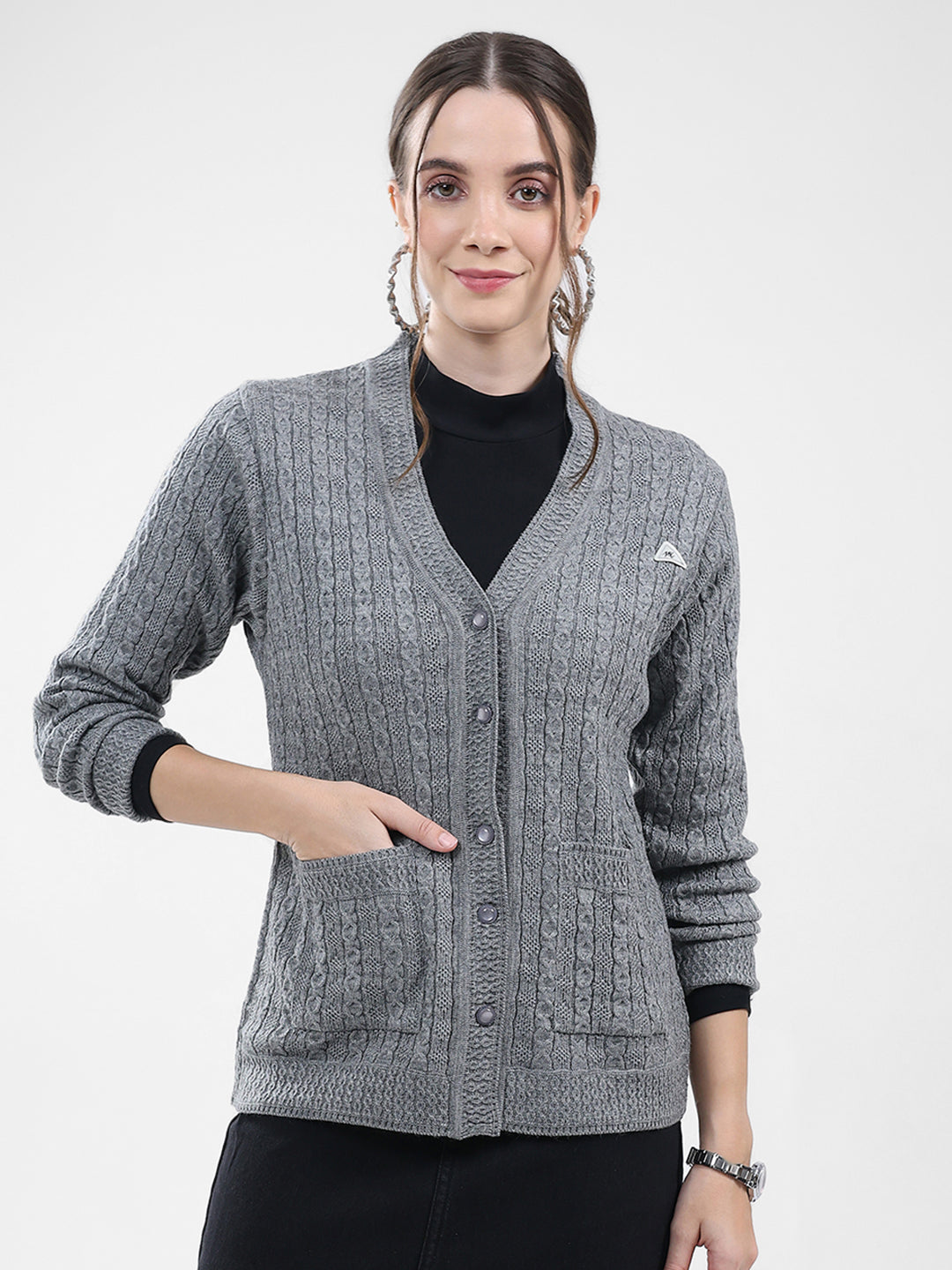Women Grey Self Design V Neck Full Sleeve Cardigan