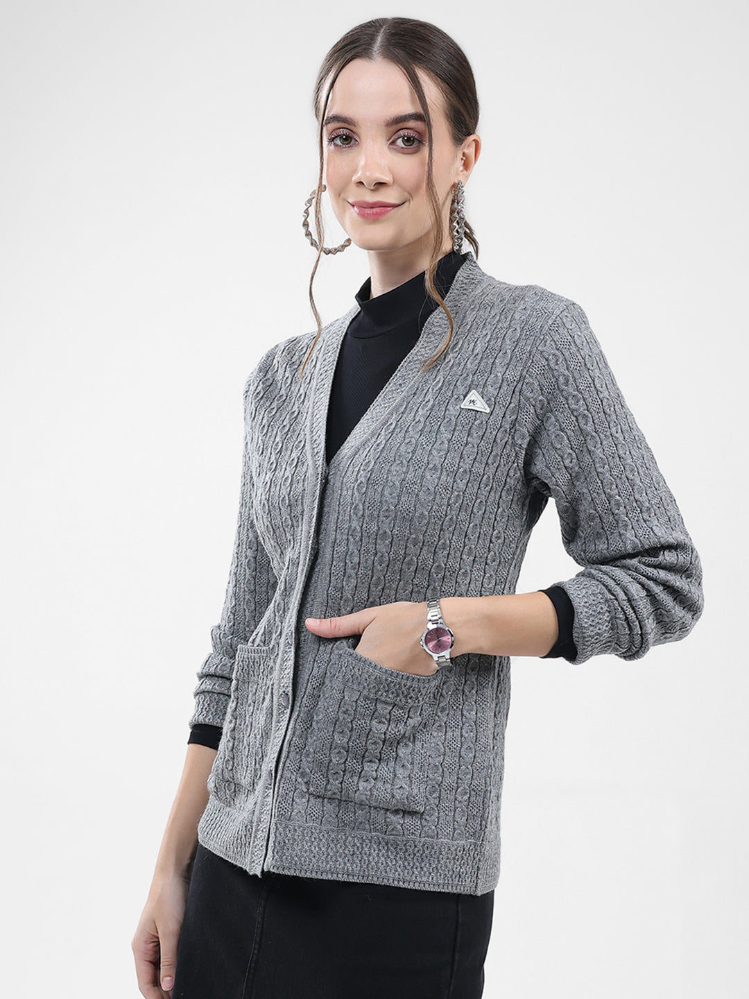 Women Grey Self Design V Neck Full Sleeve Cardigan