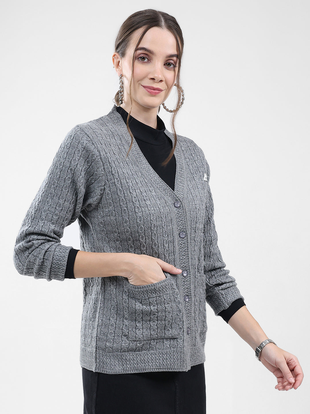 Women Grey Self Design V Neck Full Sleeve Cardigan