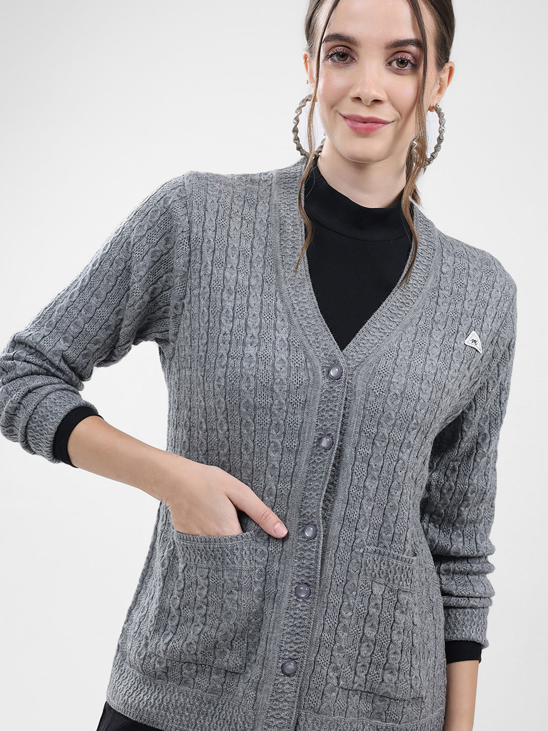 Women Grey Self Design V Neck Full Sleeve Cardigan