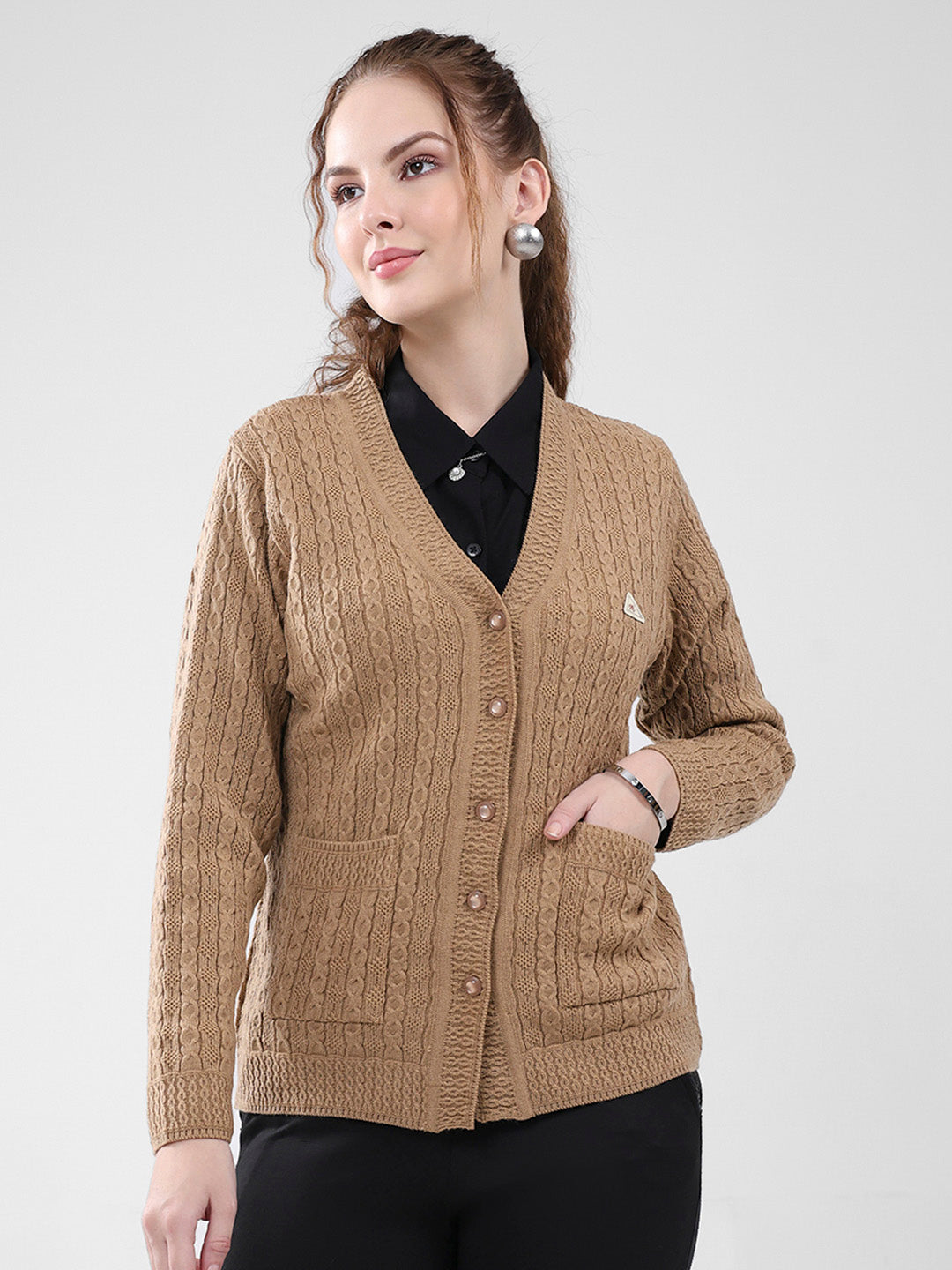 Women Brown Self Design V Neck Full Sleeve Cardigan