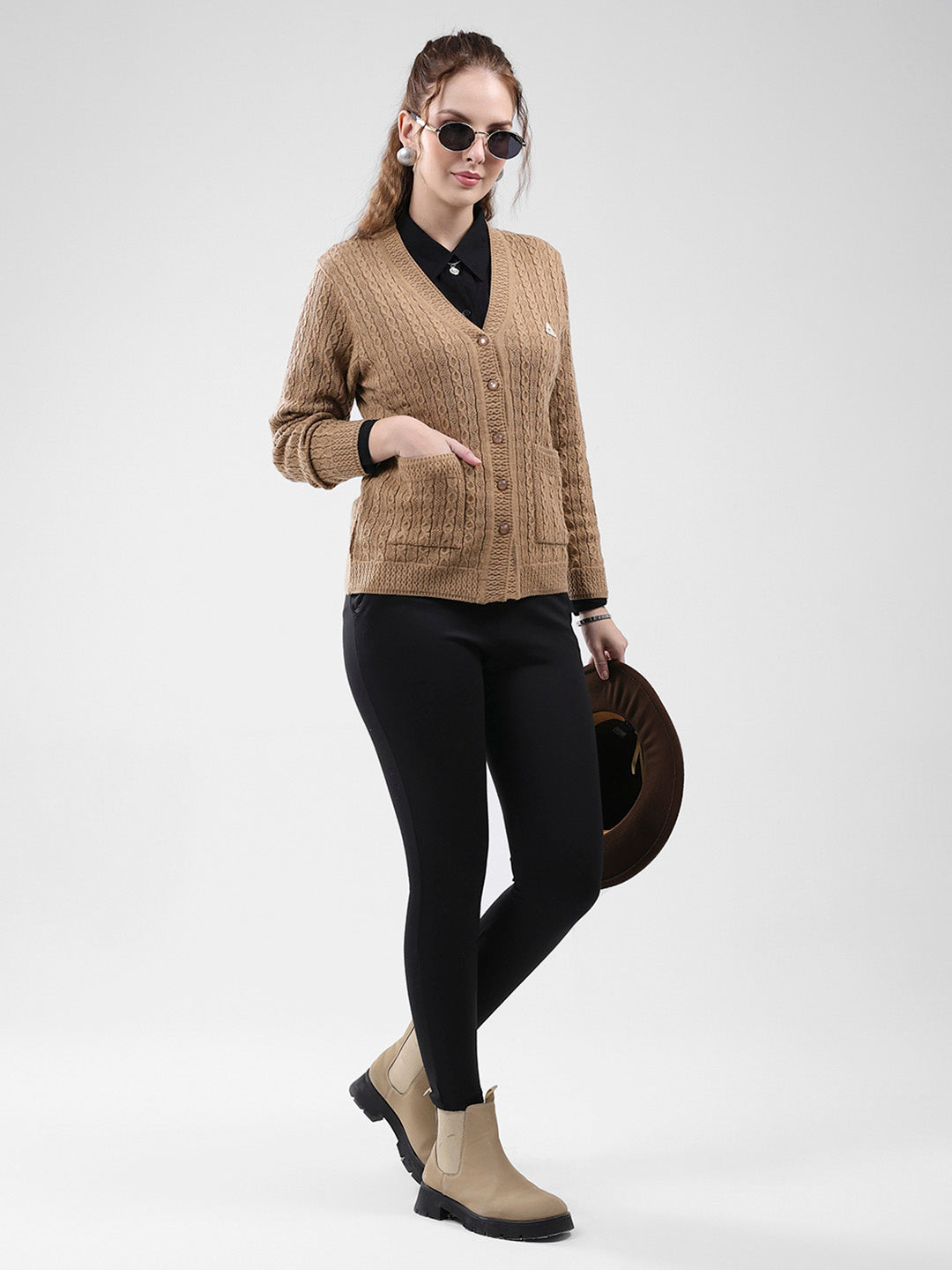 Women Brown Self Design V Neck Full Sleeve Cardigan