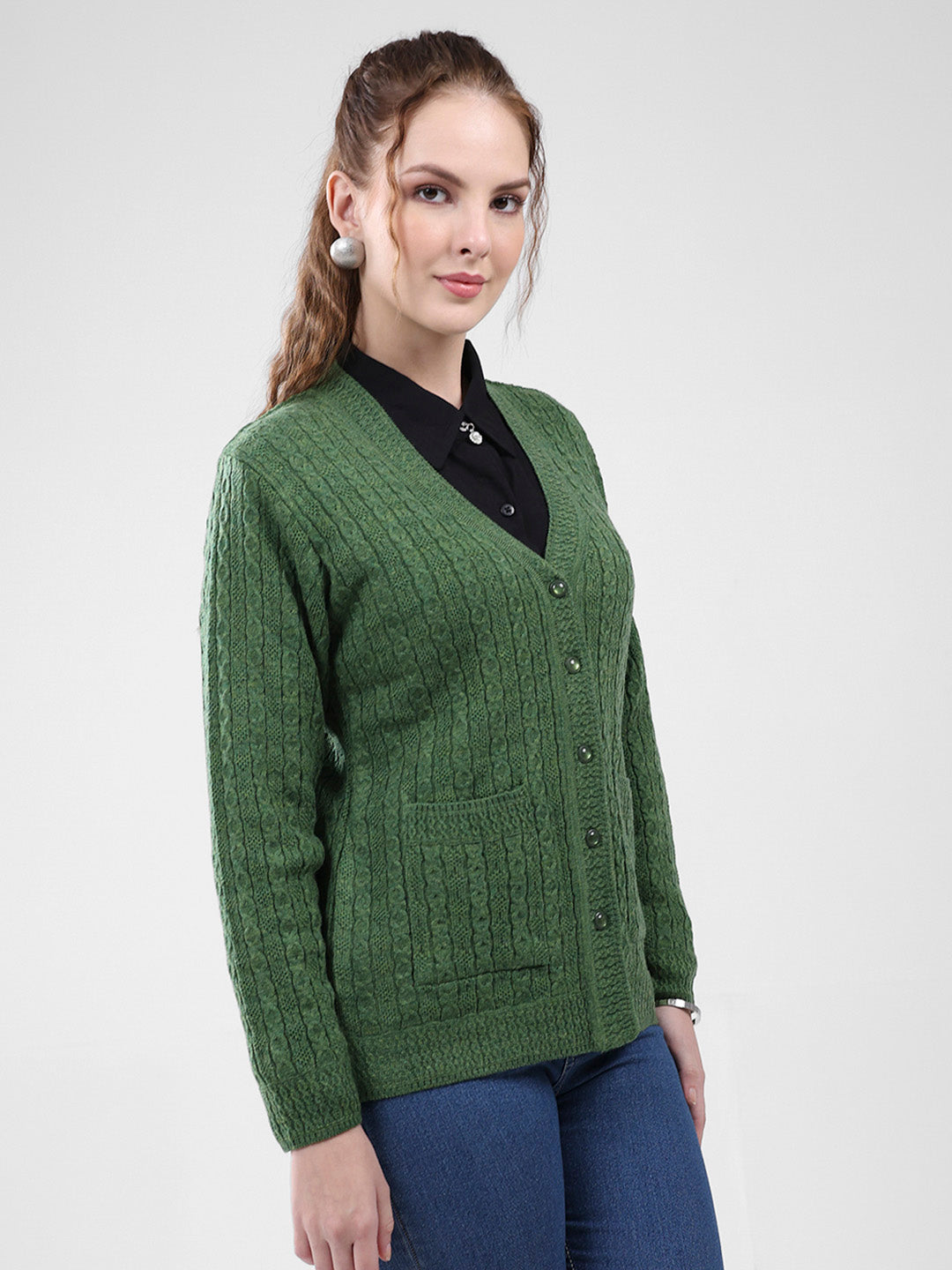 Women Green Self Design V Neck Full Sleeve Cardigan