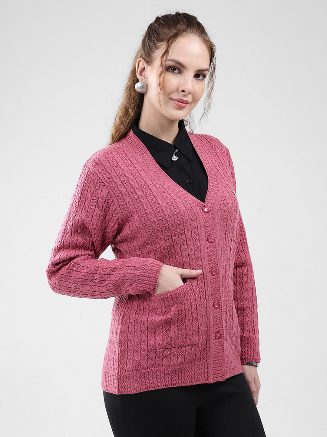 Women Pink Self Design V Neck Full Sleeve Cardigan