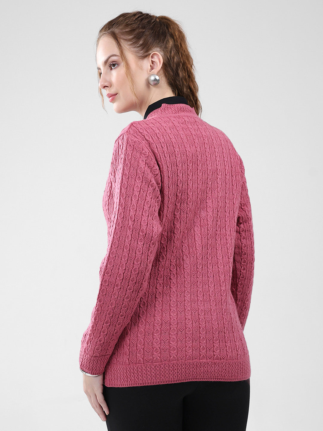 Women Pink Self Design V Neck Full Sleeve Cardigan