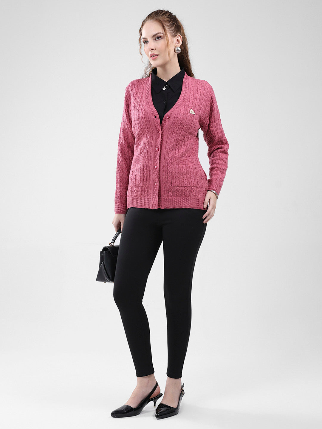 Women Pink Self Design V Neck Full Sleeve Cardigan