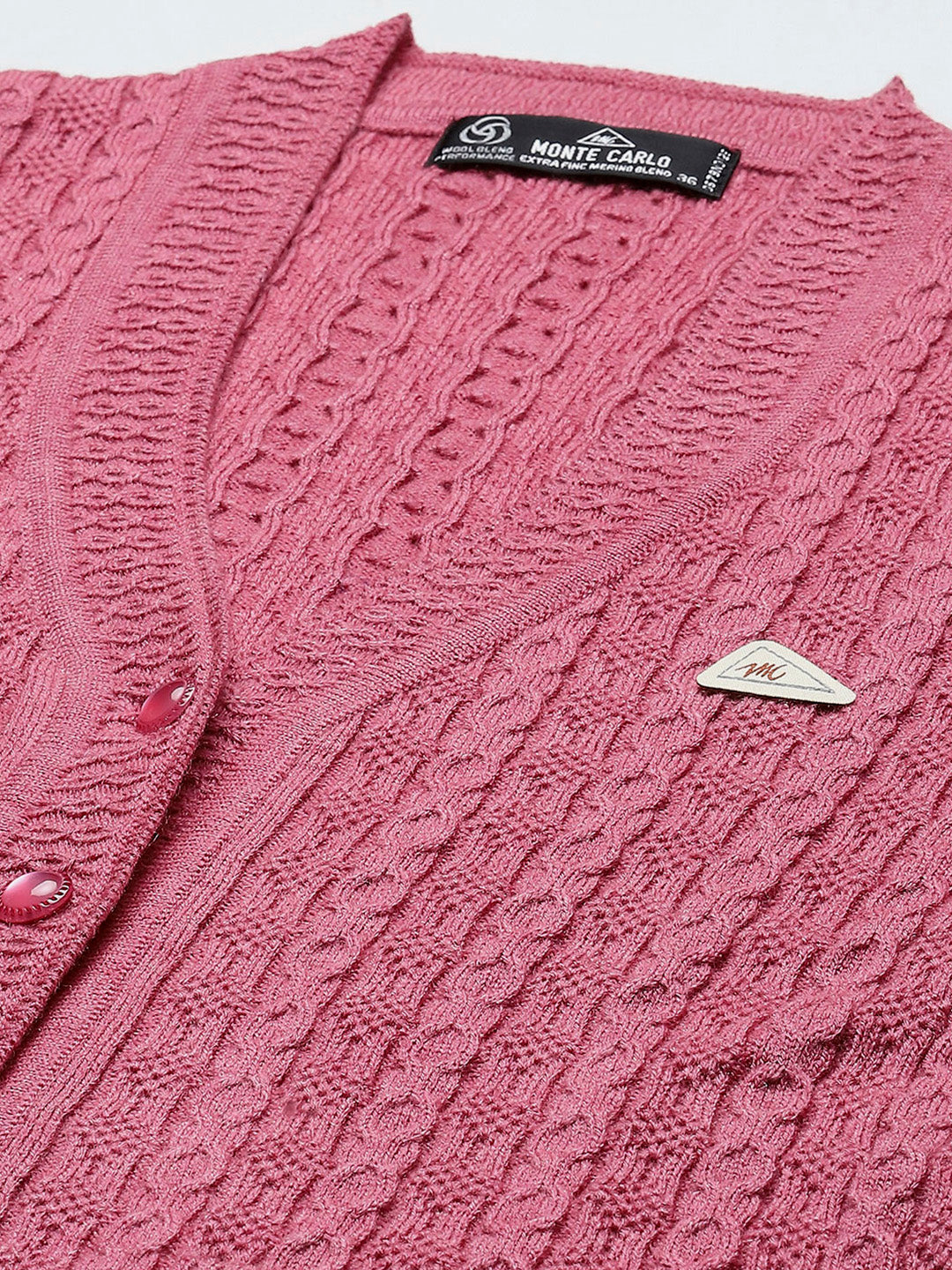 Women Pink Self Design V Neck Full Sleeve Cardigan