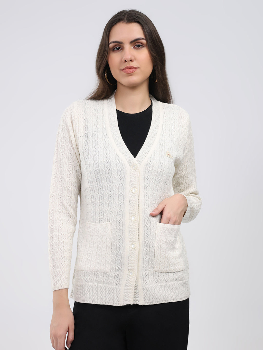 Women White Self Design V Neck Full Sleeve Cardigan