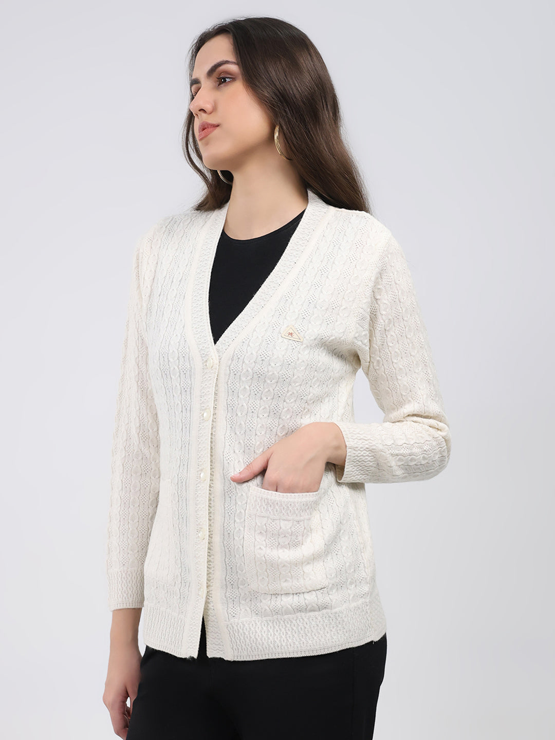 Women White Self Design V Neck Full Sleeve Cardigan