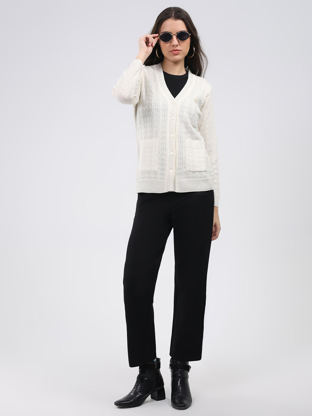 Women White Self Design V Neck Full Sleeve Cardigan