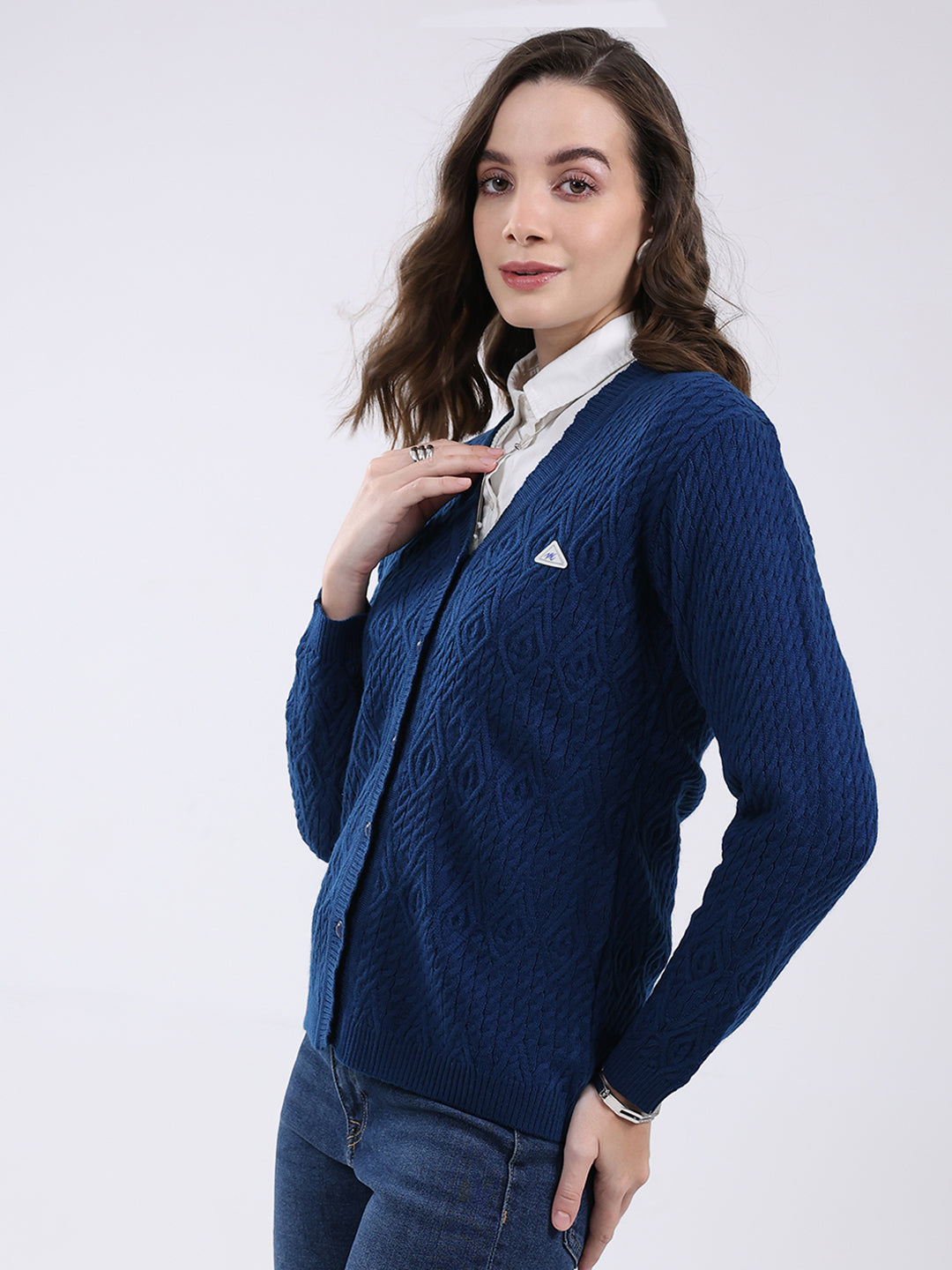 Women Blue Self Design V Neck Full Sleeve Cardigan