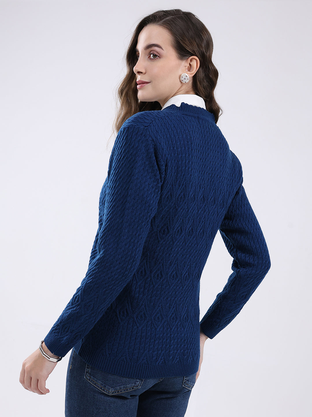 Women Blue Self Design V Neck Full Sleeve Cardigan