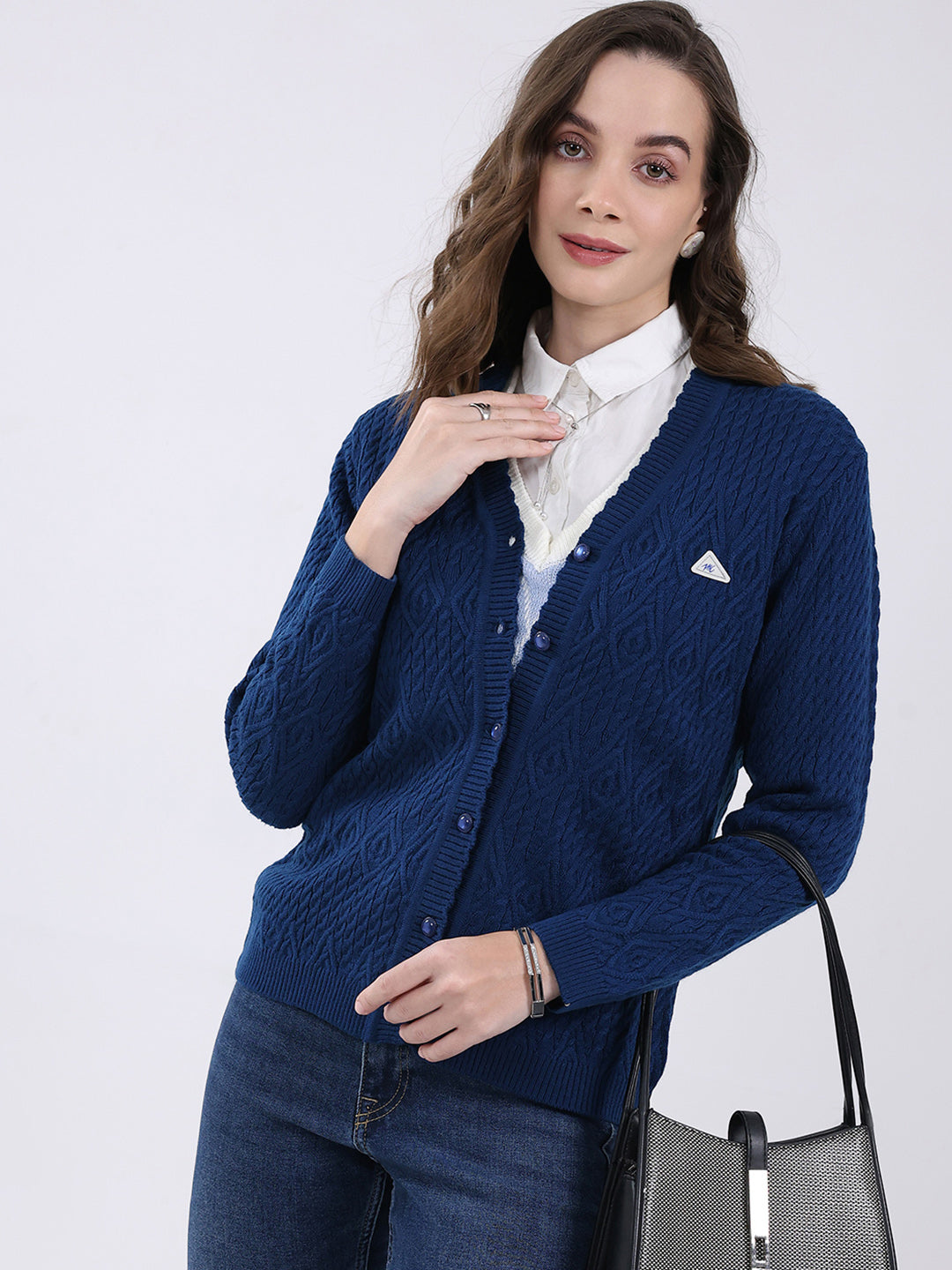 Women Blue Self Design V Neck Full Sleeve Cardigan