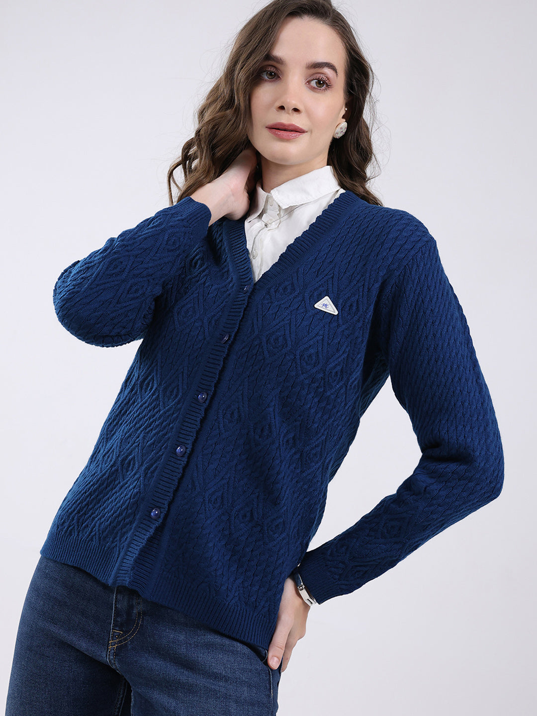 Women Blue Self Design V Neck Full Sleeve Cardigan