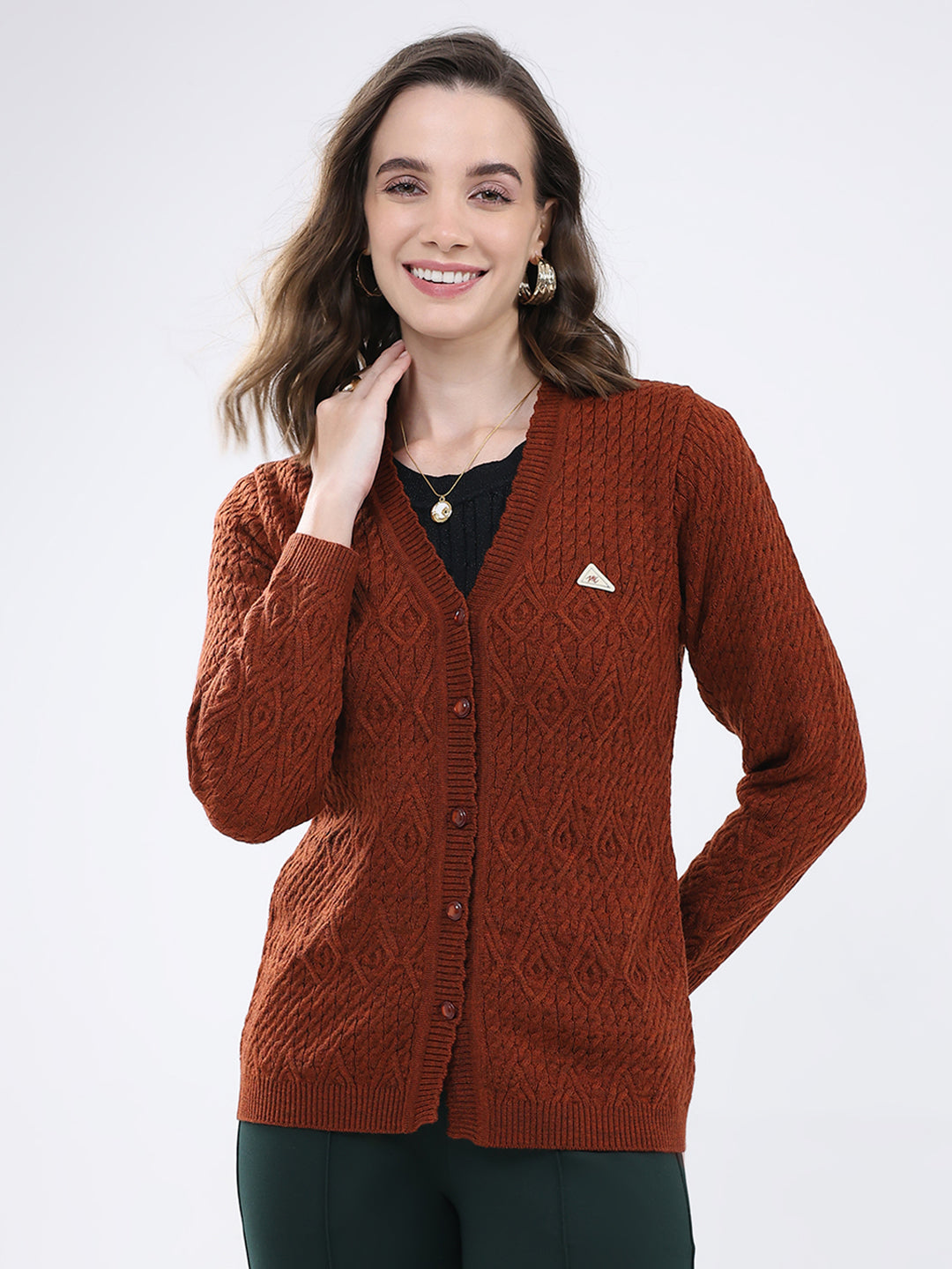 Women Rust Self Design V Neck Full Sleeve Cardigan