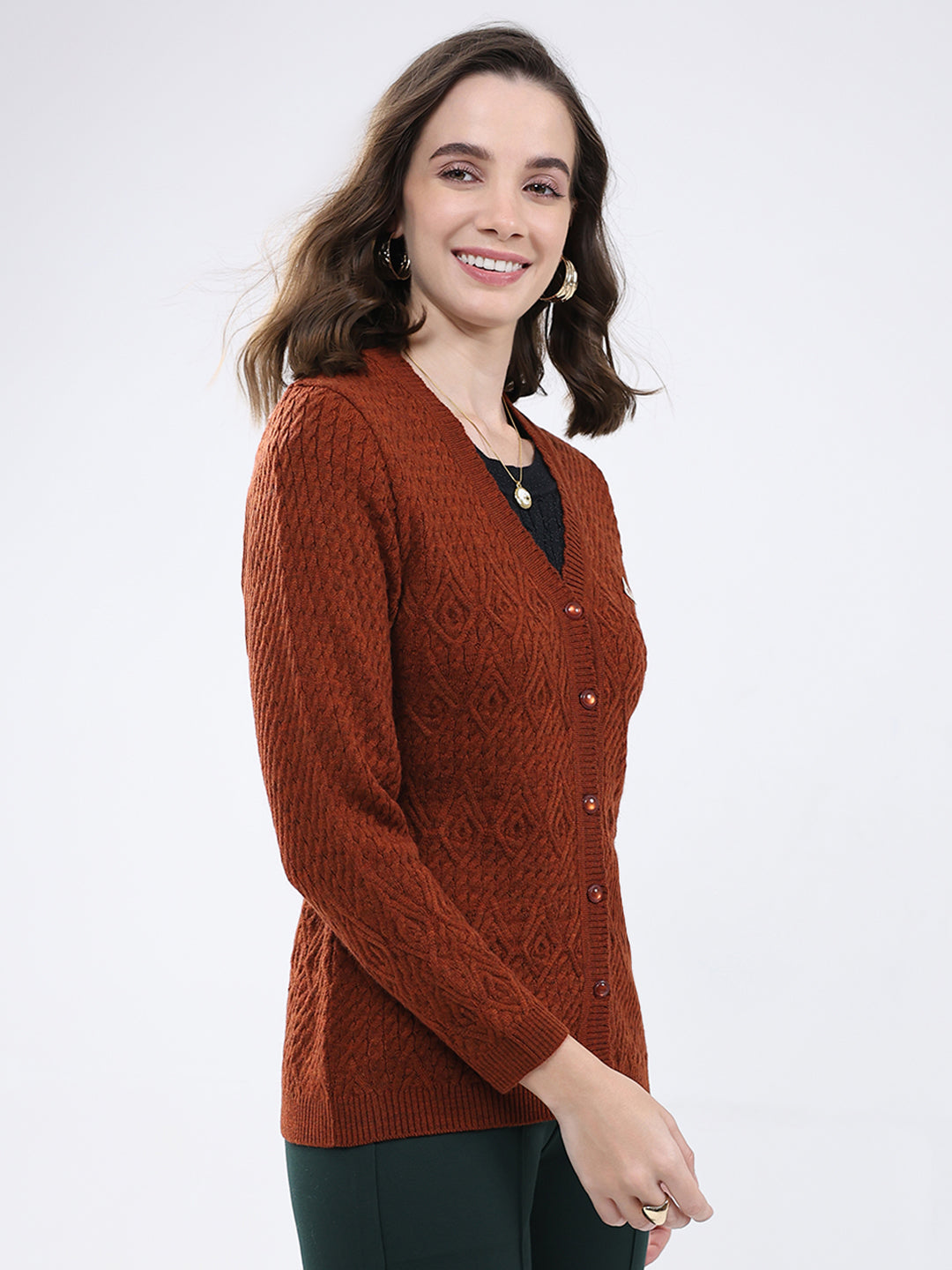 Women Rust Self Design V Neck Full Sleeve Cardigan