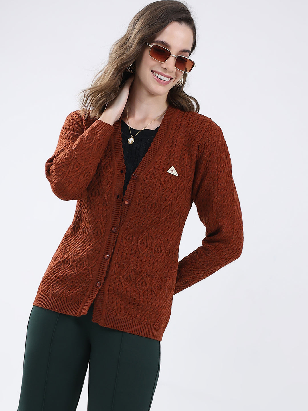Women Rust Self Design V Neck Full Sleeve Cardigan