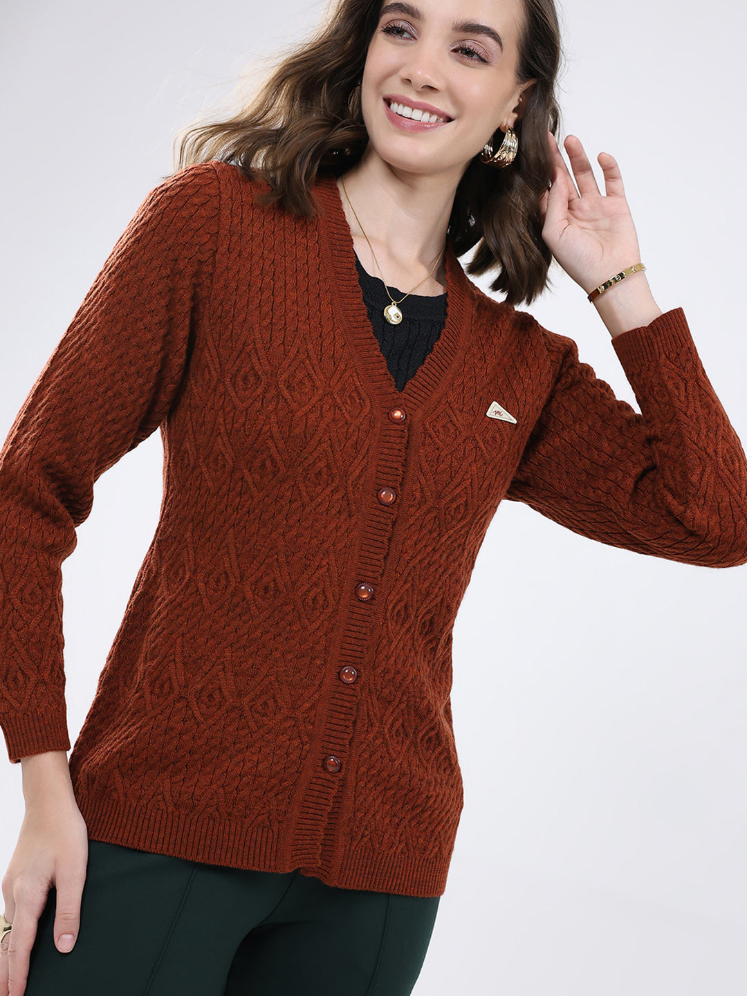 Women Rust Self Design V Neck Full Sleeve Cardigan