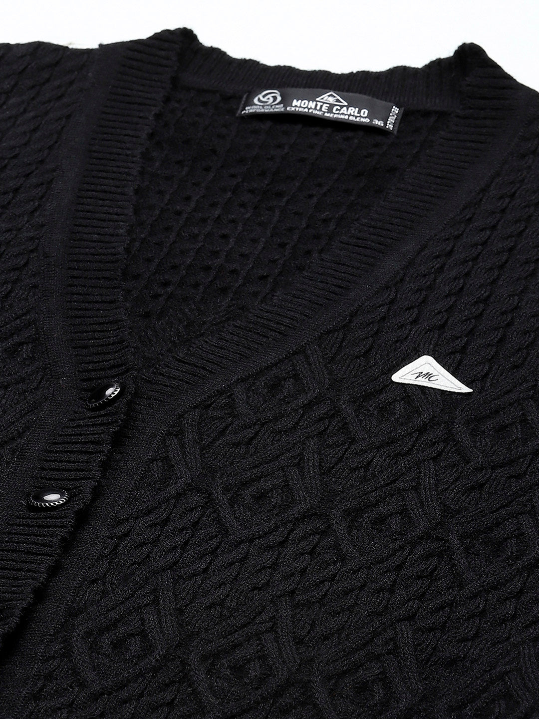 Women Black Self Design V Neck Full Sleeve Cardigan