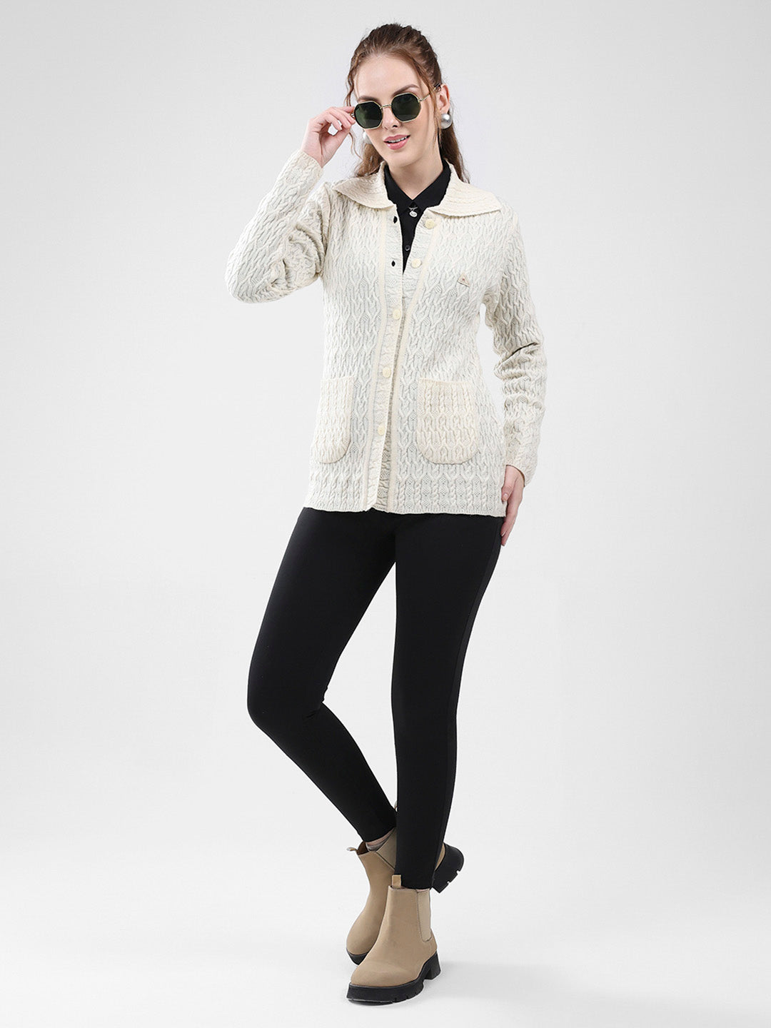 Women White Self Design Collar Full Sleeve Cardigan