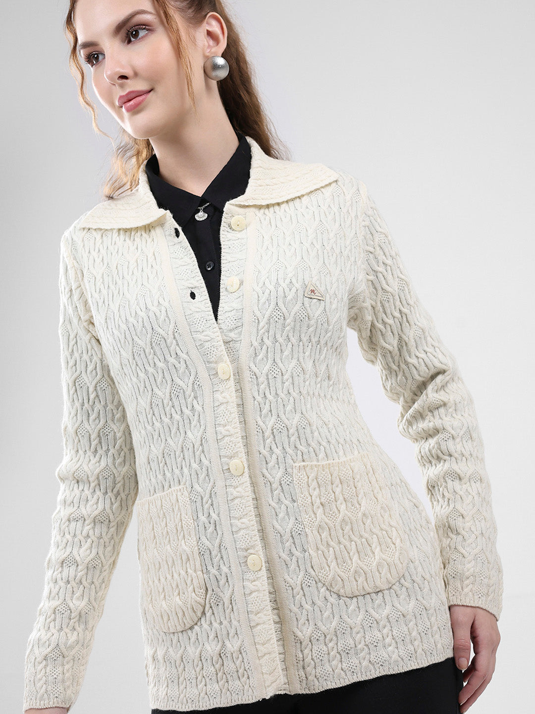 Women White Self Design Collar Full Sleeve Cardigan