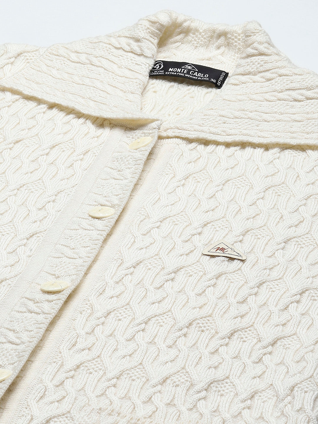 Women White Self Design Collar Full Sleeve Cardigan