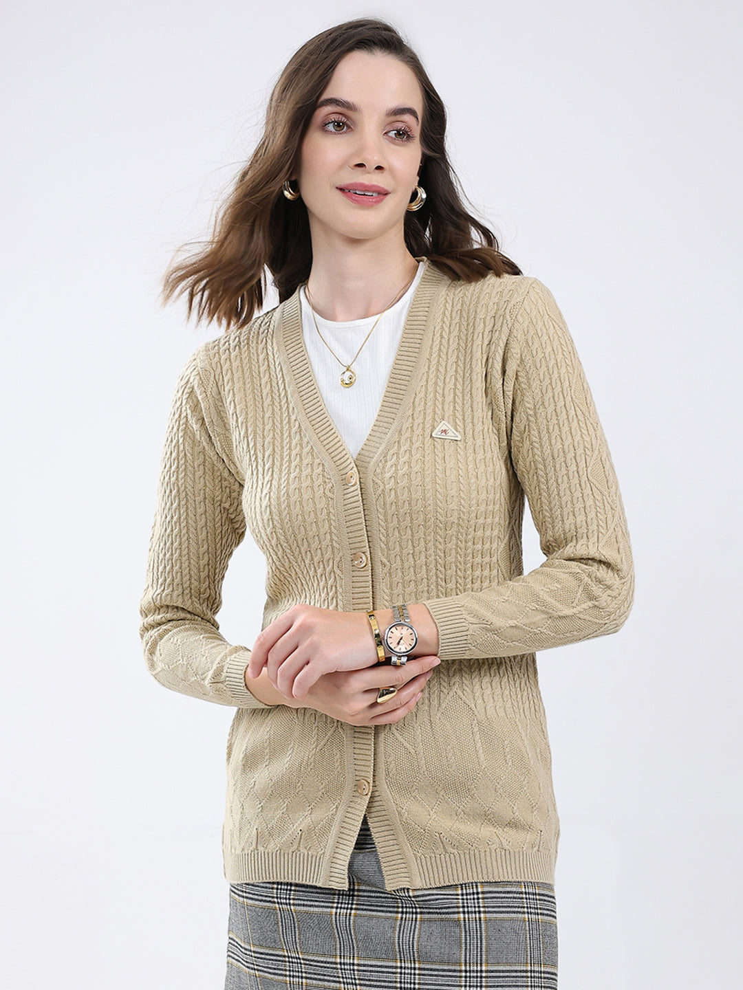 Women Beige Self Design V Neck Full Sleeve Cardigan