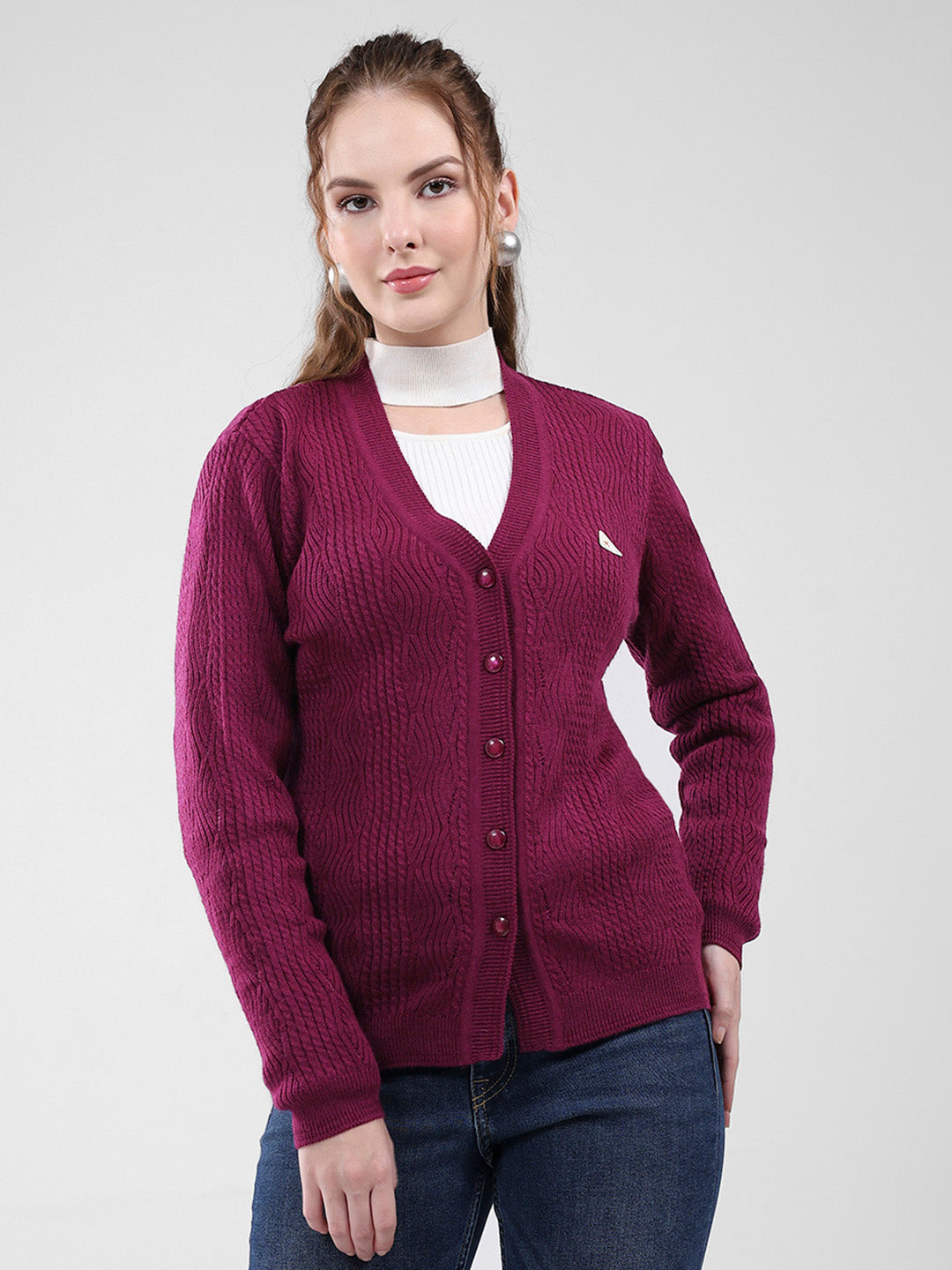 Women Purple Self Design V Neck Full Sleeve Cardigan