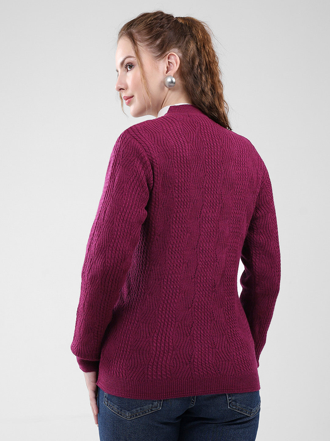 Women Purple Self Design V Neck Full Sleeve Cardigan