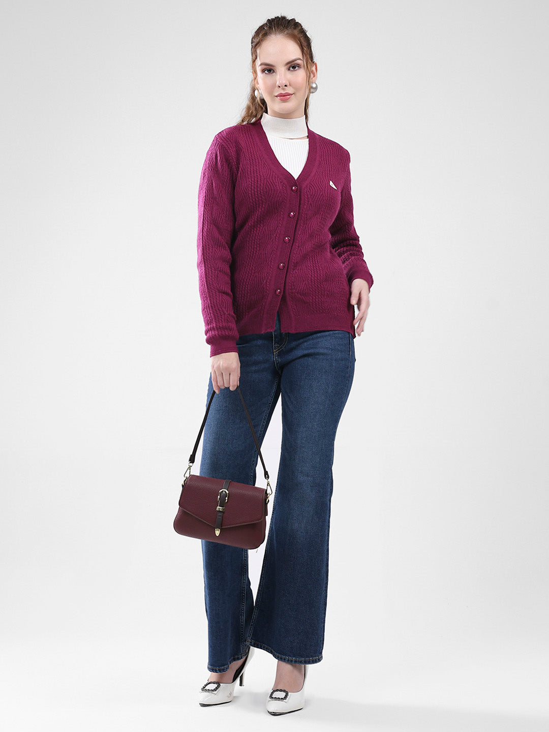 Women Purple Self Design V Neck Full Sleeve Cardigan