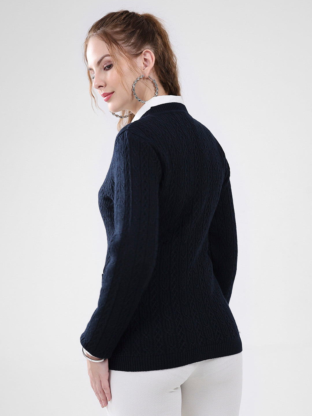 Women Navy Blue Self Design V Neck Full Sleeve Cardigan