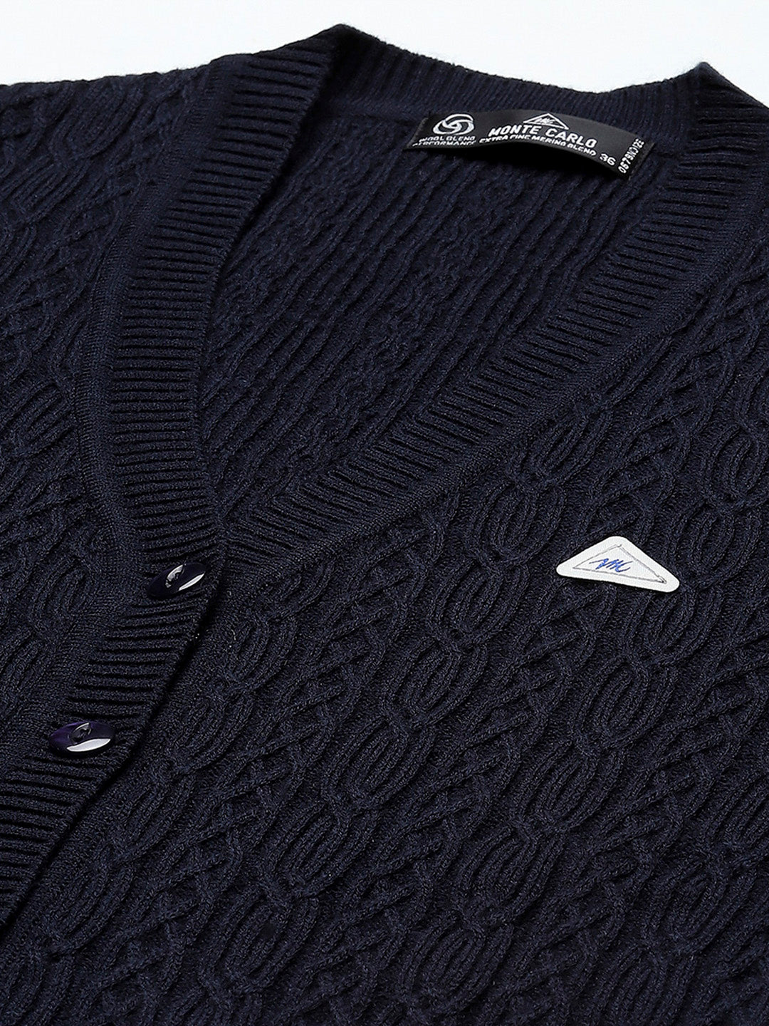 Women Navy Blue Self Design V Neck Full Sleeve Cardigan