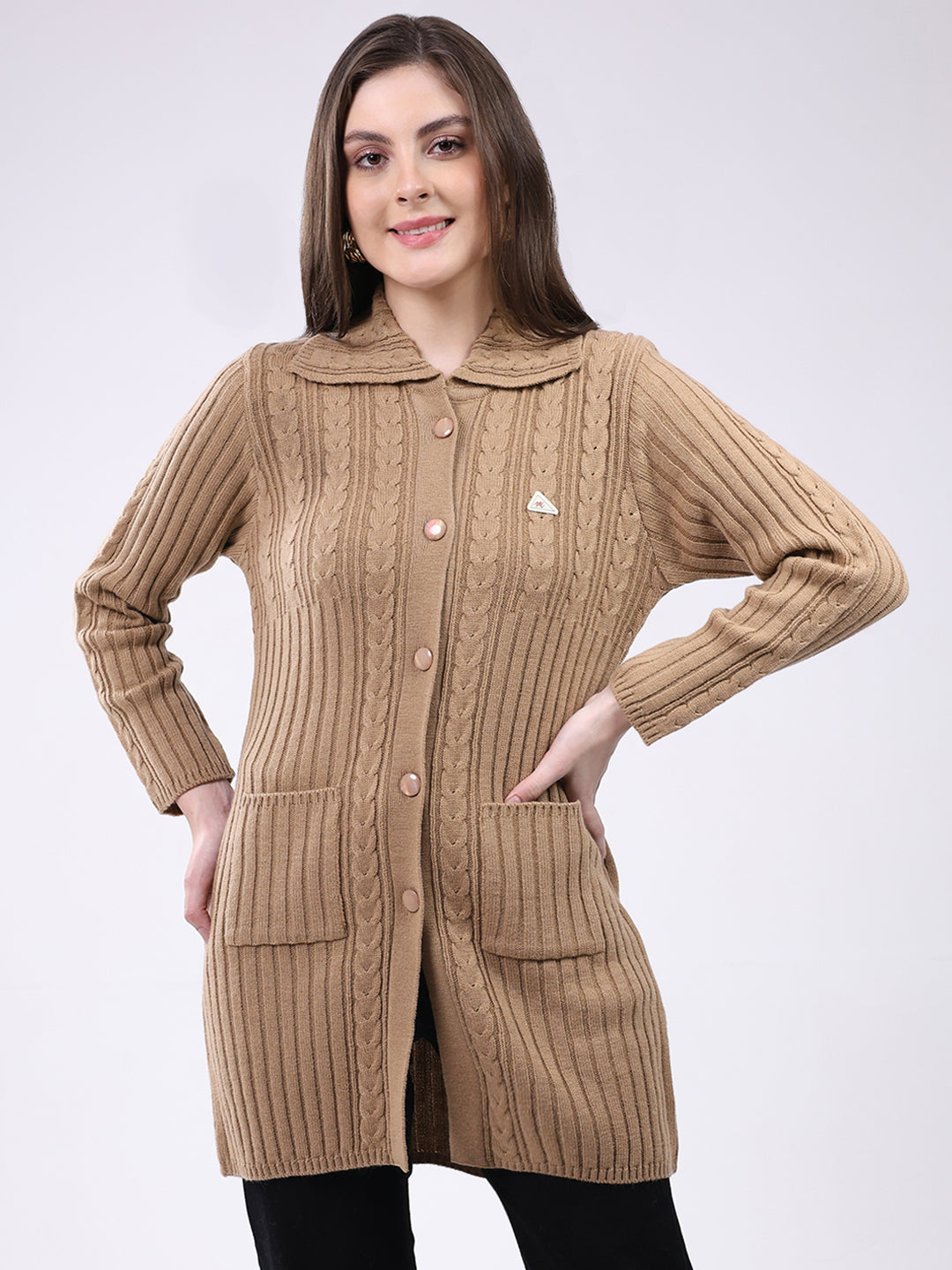 Women Brown Self Design Collar Full Sleeve Cardigan