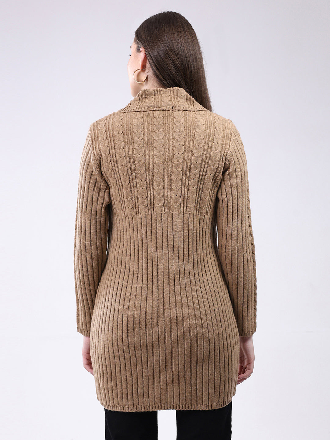 Women Brown Self Design Collar Full Sleeve Cardigan