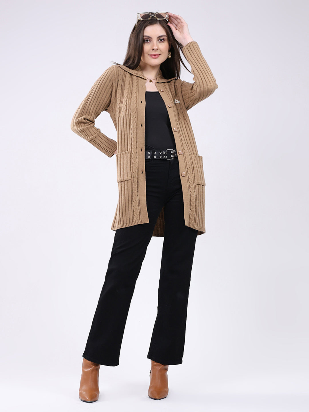 Women Brown Self Design Collar Full Sleeve Cardigan