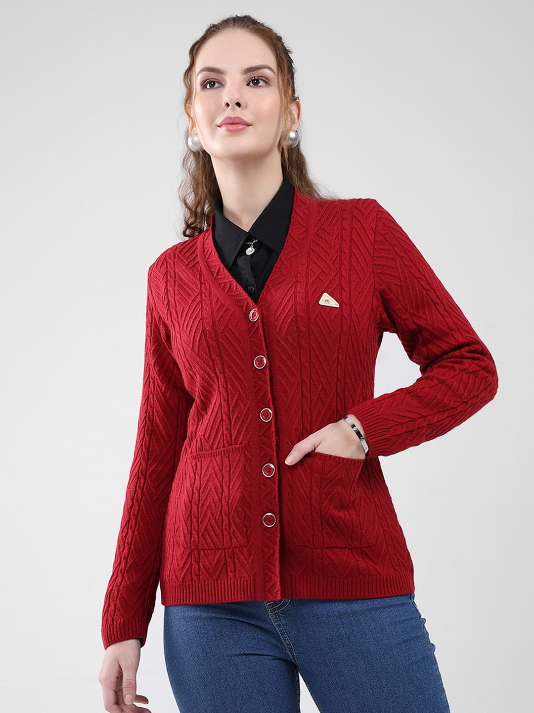 Women Maroon Self Design V Neck Full Sleeve Cardigan