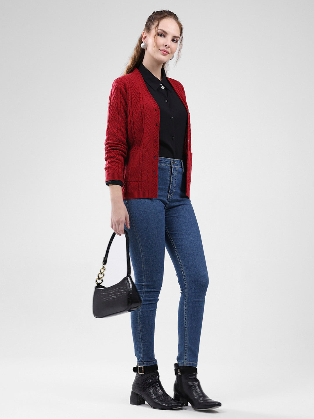 Women Maroon Self Design V Neck Full Sleeve Cardigan