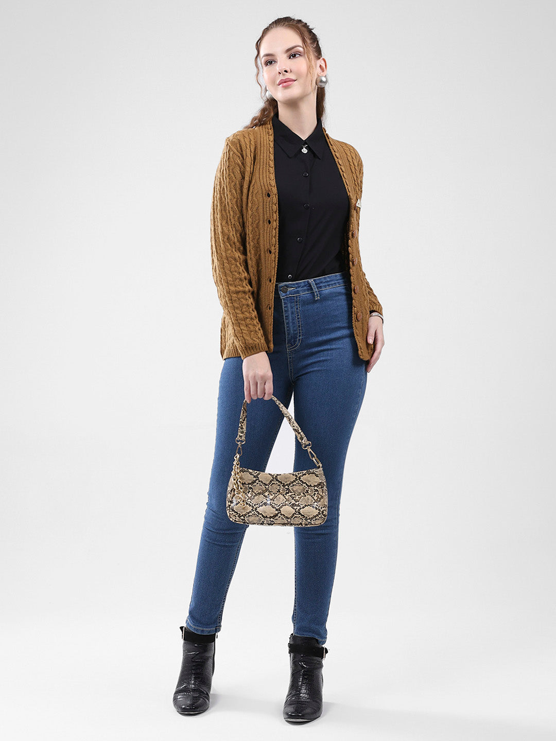 Women Mustard Self Design V Neck Full Sleeve Cardigan