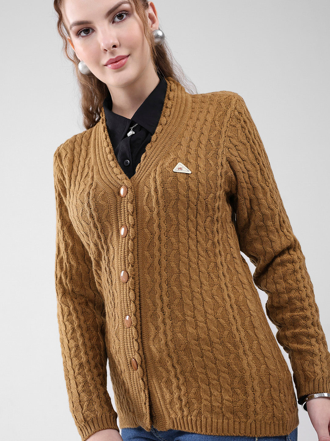 Women Mustard Self Design V Neck Full Sleeve Cardigan