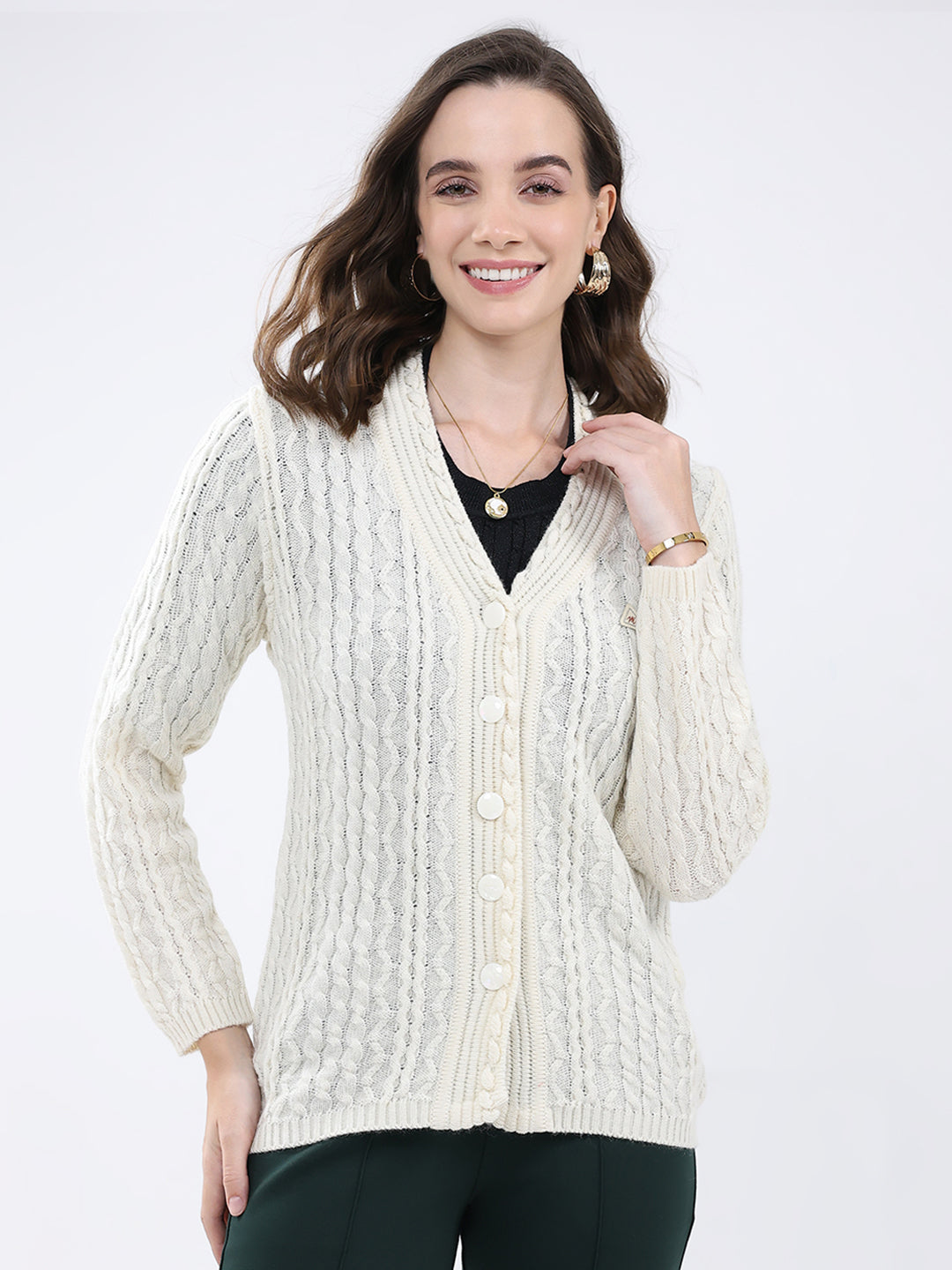 Women White Self Design V Neck Full Sleeve Cardigan