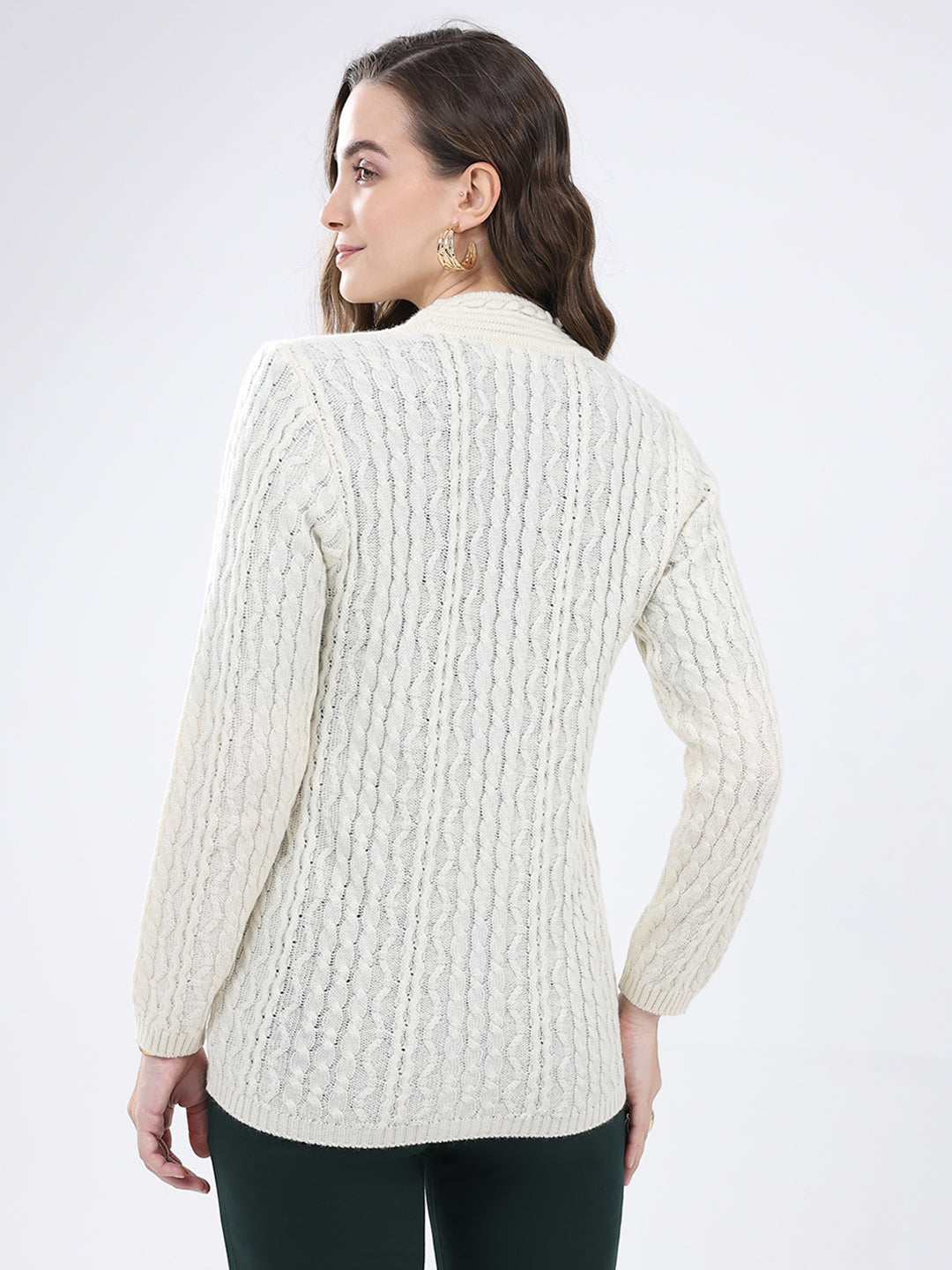 Women White Self Design V Neck Full Sleeve Cardigan