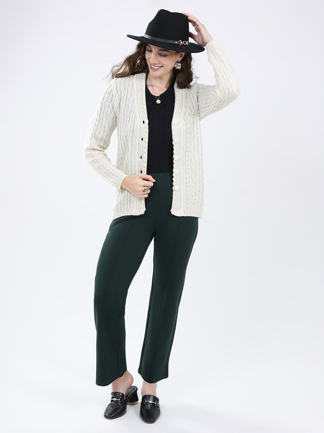 Women White Self Design V Neck Full Sleeve Cardigan